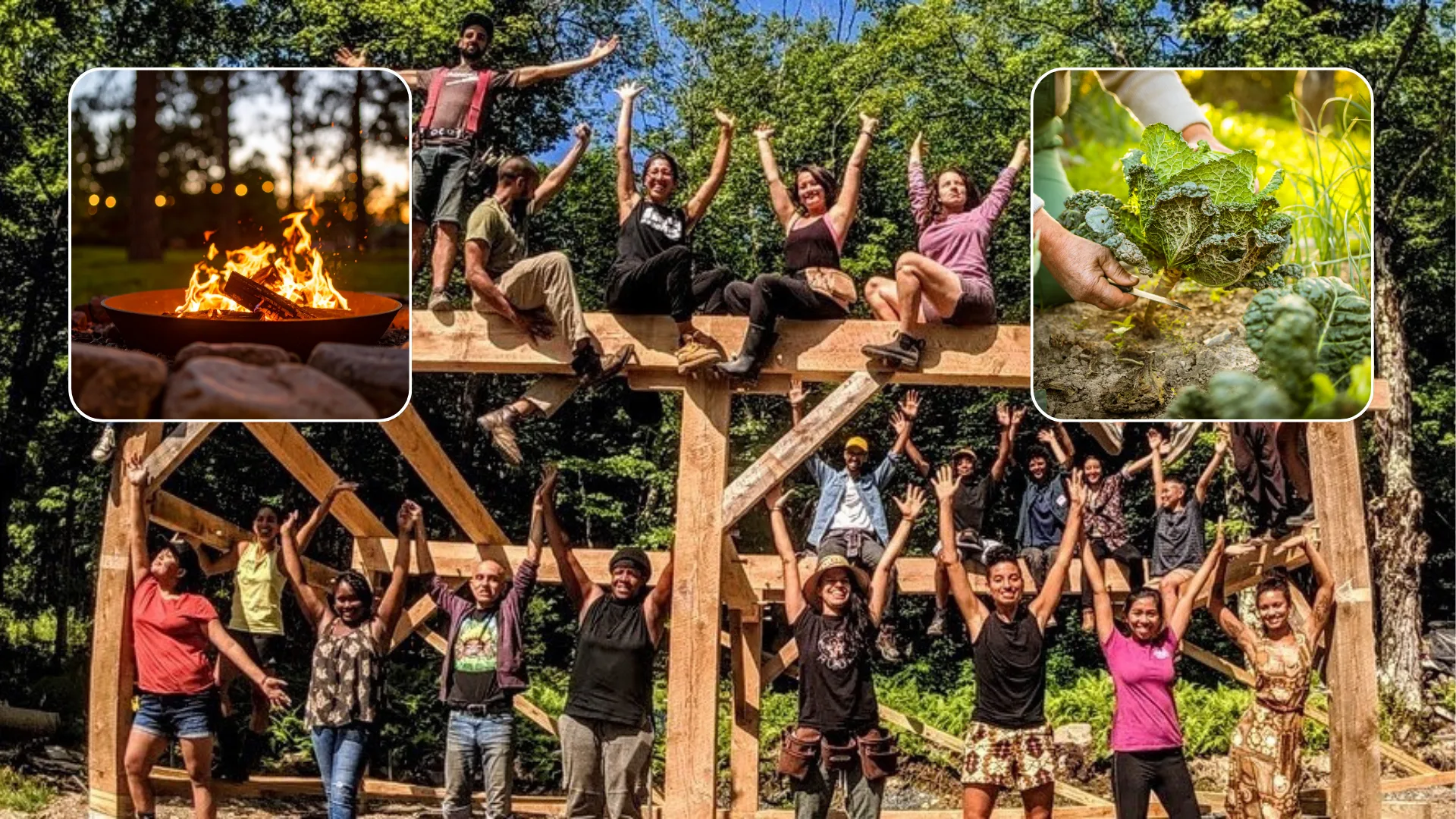 A fire bowl, hands cradling greenery, and silhouetted people raising arms at sunset