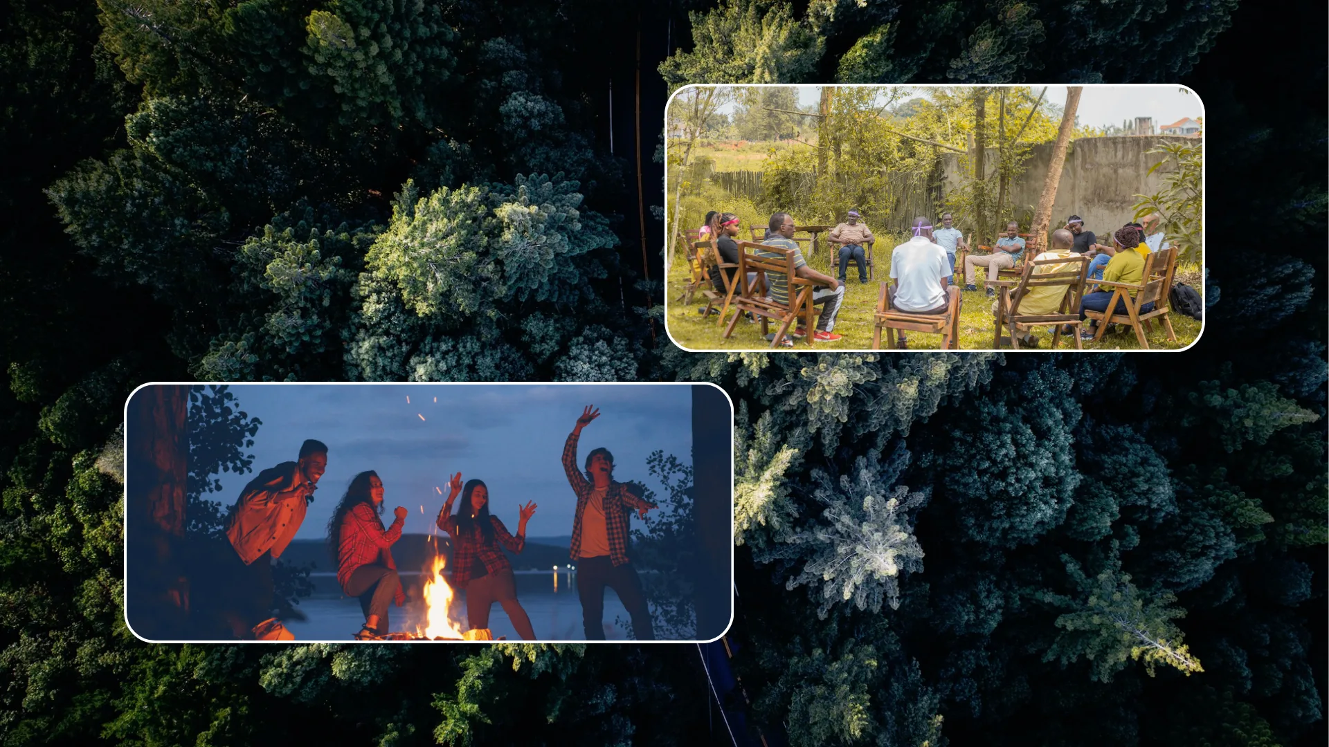 People gathering around a campfire and workshop tables outdoors
