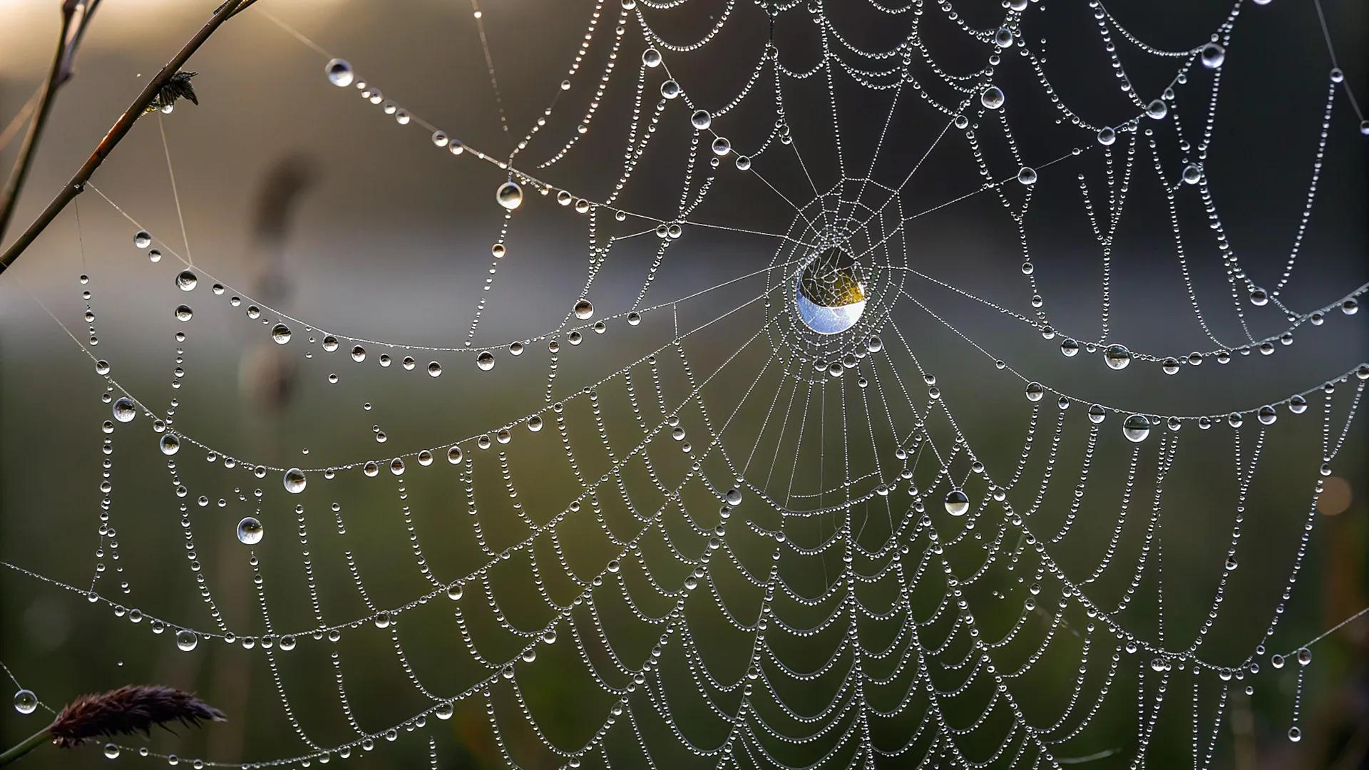 Spider web covered in dewdrops at dawn